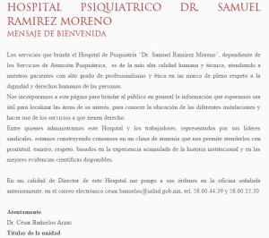 Mensaje de bienvenida que aparece en su página web.